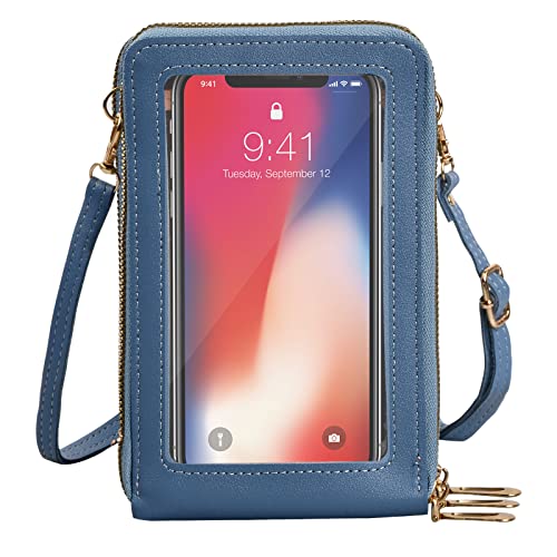 Kleine Handy Umhängetasche Leder Frauen Brieftasche Umhängetasche für Mobiltelefone mit Touchscreen Multifunktion Damen Umhängetaschen Klein Tasche Geldbörse Umhängetasche aus PU-Leder (Blau) von FESSOSKO