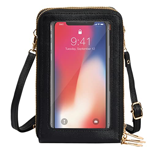 Kleine Handy Umhängetasche Leder Frauen Brieftasche Umhängetasche für Mobiltelefone mit Touchscreen Multifunktion Damen Umhängetaschen Klein Tasche Geldbörse Umhängetasche aus PU-Leder (Schwarz) von FESSOSKO