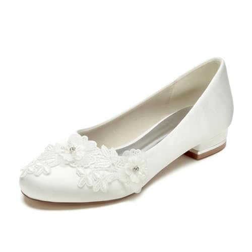 FGRID Ballerinas für Damen, Ballerinas mit geschlossener Spitze und Blumenmuster, Brautschuhe mit niedrigem Absatz Dolly-Ballerina-Schuhe mit runder Zehenpartie und Ausschnitten,Elfenbein,39 von FGRID