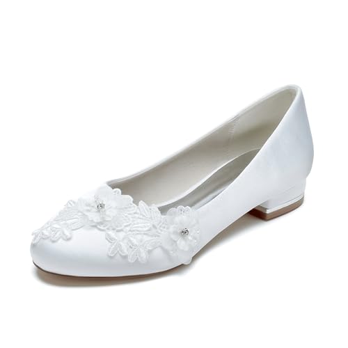 FGRID Ballerinas für Damen, Ballerinas mit geschlossener Spitze und Blumenmuster, Brautschuhe mit niedrigem Absatz Dolly-Ballerina-Schuhe mit runder Zehenpartie und Ausschnitten,Weiß,36 von FGRID