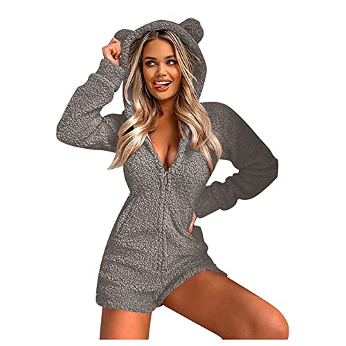 FGUUTYM Onesie Damen Bär Fleece Jumpsuit Kurze Süße Einteiler Overall Warme Tier Pyjama Plüsch Schlafanzug Flauschig Weich Hausanzug Schlafoverall Mit Kapuze Reißverschluss Homewear Sportanzug Set von FGUUTYM