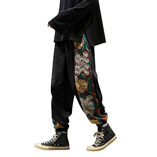 Herren Hose Lang Baggy Bestickt Hose Blumen Chinesischer Stil Chinohose Funky Freizeithose Baumwolle Leinenhosen Elastische Ripstop Sporthose Sommer Herbst Männer Streatwear Trainingshose M-3XL von FGUUTYM