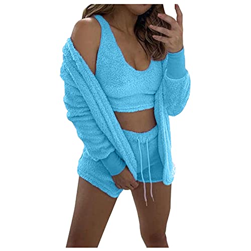 Schlafanzug Damen Kurz 3-teiliges Sexy Solid Plush Pyjamas Set Loungewear-Outfits Crop Tops mit U-Ausschnitt und hoher Taille Hose mit offener Vorderseite und offener Strickjacke Hausanzug Loungewear von FGUUTYM