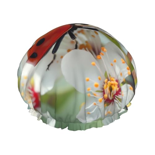 Duschhaube mit Schmetterlings-Marienkäfer-Blume, wiederverwendbar, wasserdicht, für Damen und Herren, elastisches Band, Badehaarmütze, doppellagig, waschbar, Badekappe für alle Frisuren Duschhaube mit Schmetterlings-Marienkäfer-Blume, wiederverwendbar, wasserdicht, für Damen und Herren, elastisches Band, Badehaarmütze, doppellagig, waschbar, Badekappe für alle Frisuren von FHEBNDS