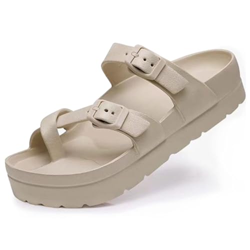 FIENZA Pantoletten Damen mit Fussbett Lässig EVA SchlappenSandalen mit Riemen Big Toe Fußkorrektur zehentrenner HausschuheSandale Flach Rutschfest Sommer Badelatschen Orthopädische flip flops von FIENZA