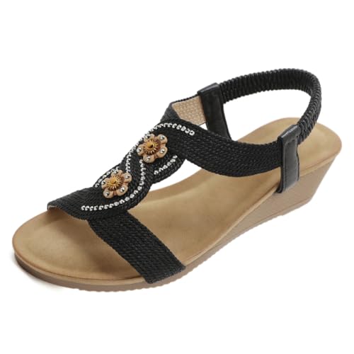 FIENZA Sandalen Damen Sandaletten Mit Keilabsatz Blumen Schuhe Sommer Lascana Sandalen Elegant Bohemian RöMersandalen Keilsandalen Strandsandalen Plateau Sommerschuhe Gummiband Slingback Sandalen von FIENZA