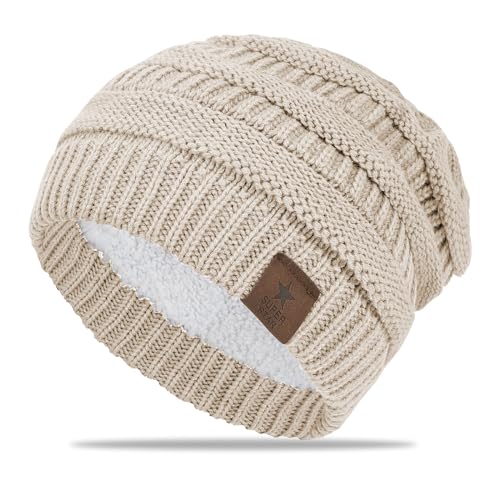 FIFTHAVE Beanie Mütze Damen Wintermütze Mädchen Strickmütze Beanie Hat Warme Mütze Herbst Beany Hut mit Weichem Fleece Innenfutter für Outdoor Beige von FIFTHAVE