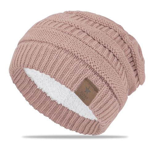 FIFTHAVE Beanie Mütze Damen Wintermütze Mädchen Strickmütze Beanie Hat Warme Mütze Herbst Beany Hut mit Weichem Fleece Innenfutter für Outdoor Dunkelrosa von FIFTHAVE