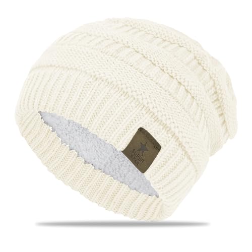 FIFTHAVE Beanie Mütze Damen Wintermütze Mädchen Strickmütze Beanie Hat Warme Mütze Herbst Beany Hut mit Weichem Fleece Innenfutter für Outdoor Weiß von FIFTHAVE