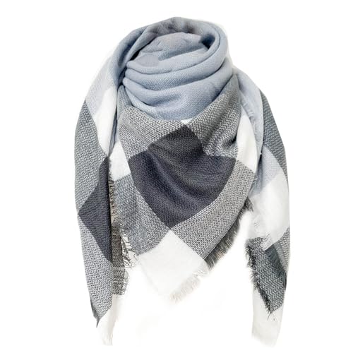 FIFTHAVE Schal Damen Herren Scarf Women Winterschal, Schal Kariert übergroßer Quadratisch Deckenschal Warmer Oversized Fransen Cape Poncho Herbstschal Hellgrau von FIFTHAVE