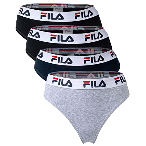 FILA Damen String - 4er Pack Slips, Logobund, Cotton Stretch (M, Schwarz/Grau/Marine) von FILA