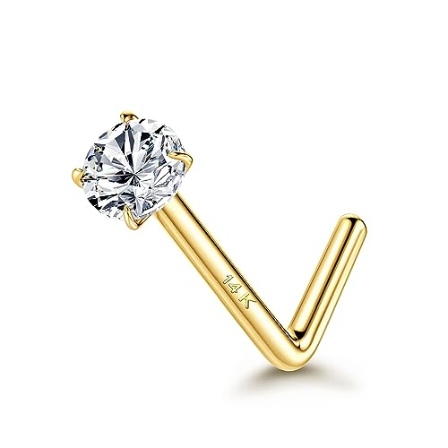 FIOROYAL 14K Echtgold Nasenstecker, 18G 20G Massivgold L-förmige Nasenringe, hypoallergene Nasenpiercings mit künstlichem Diamant CZ für Damen Herren 1,5 2 3 MM 20-1.5 von FIOROYAL