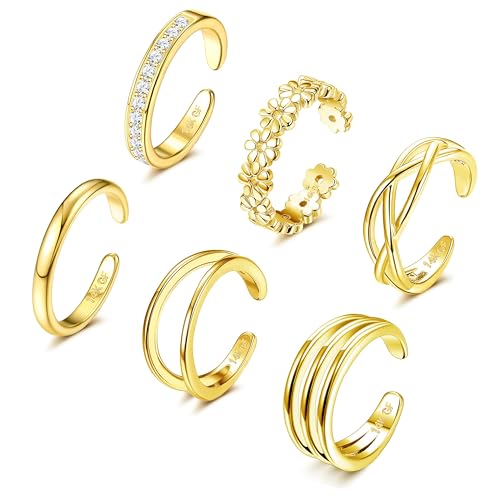 FIOROYAL 6 Stück 14K Gold Gefüllte Zehenring Verstellbare Zehenringe Set für Damen Mädchen CZ Herz Offene Zehenringe Sommer Strand Fußschmuck Blumentyp von FIOROYAL