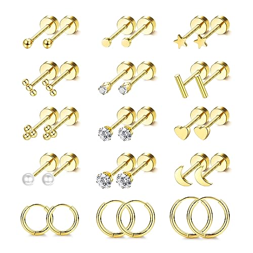 FIOROYAL 15 Paar Ohrstecker Set Kreolen Creolen Ohrringe für Damen 14K Vergoldeter Flat Piercing Ohr Zirkonia Ball Helix Piercings Medizinische Ohrstecker Gold für Mädchen von FIOROYAL