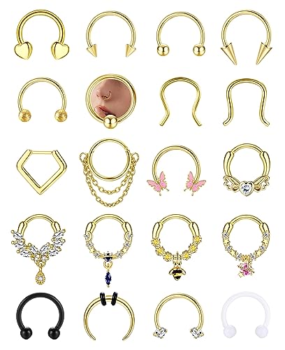 FIOROYAL 20Pcs Septum Piercing Dangle Nasenpiercing Rings für Damen Männer Chirurgenstahl Helix Knorpel Conch Nasenring Ohr Lippe Nostril Piercing Schwarz Gold Silber Septum Piercing Set 10MM G von FIOROYAL