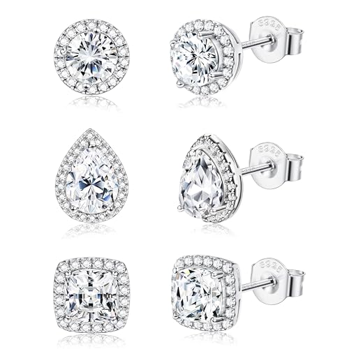 FIOROYAL 3 Paar Diamant Ohrringe Herren 925 Sterling Silber Ohrstecker Hypoallergene Runde Quadratische Teardrop Ohrstecker Brillant Zirkonia Halo Ohrstecker für Damen Männer Silber von FIOROYAL