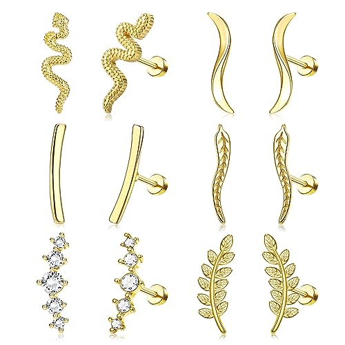 FIOROYAL 6 Paar 16G Helix Piercings Chirurgenstahl Ohrringe Damen Schlange Helix Piercing CZ Ohrpiercing Set Medizinische Ohrstecker Gold Conch Tragus Piercing Ohr Schmuck von FIOROYAL