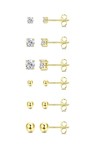 FIOROYAL 6 Paar Ohrstecker Silber 925 für Frauen, Cubic Zirconia Ohrstecker,Kleine Kugel Hypoallergenic Ohrringe,Tragus Knorpel Ohrringe Set für Männer 2-4mm Gold von FIOROYAL