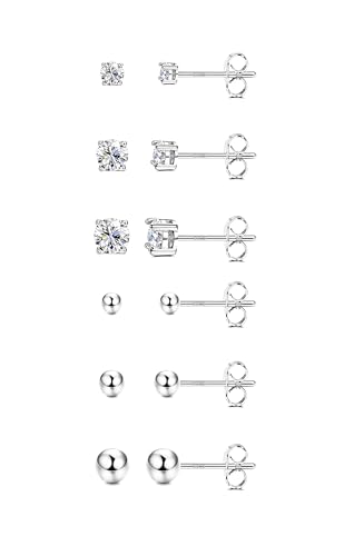 FIOROYAL 6 Paar Ohrstecker Silber 925 für Frauen, Cubic Zirconia Ohrstecker,Kleine Kugel Hypoallergenic Ohrringe,Tragus Knorpel Ohrringe Set für Männer 2-4mm von FIOROYAL