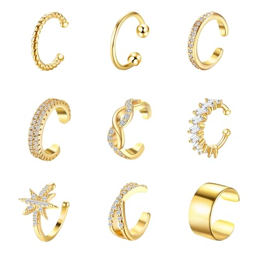 FIOROYAL 9 Stück Ohrmanschette Ohrringe Earcuffs Set Helix Knorpel Ohrmanschette Ohne Ohrloch Ohr-Clips Mädchen Wickelohrring Fakepircings Ohr Cuffs Ohrring Gold von FIOROYAL