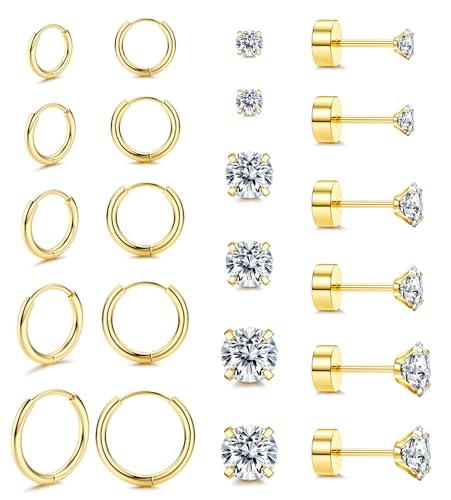 FIOROYAL 11 Paare Ohrringe Gold Kreolen Creolen Ohrringe Klein für Damen Runde Zirkonia Ball Helix Piercings 14K Vergoldeter Medizinische Ohrstecker für Mädchen Gold C von FIOROYAL