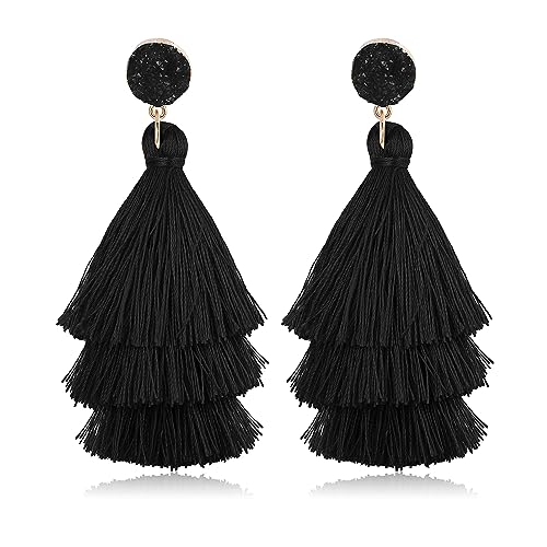 FIOROYAL Quaste Aussage Ohrringe für Frauen Clip auf Drop Ohrringe bunte böhmische Tiered Tassel Druzy Dangle Drop Ohrringe Non Piercing Schmuck Schwarz von FIOROYAL