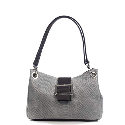 Firenze Artegiani. Anzio Schultertasche für Damen, echtes Leder, Schlangenmotiv, 28 x 12 x 17 cm, Farbe: Grau, grau, Utility von Firenze Artegiani