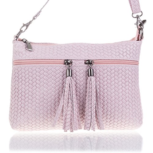 Firenze Artegiani Bolso De Mujer Piel Auténtica Gamuza, Grabado Con Motivo Trenzado Y Lacado Umhängetasche, 27 cm, Pink (Rosa claro) von FIRENZE ARTEGIANI