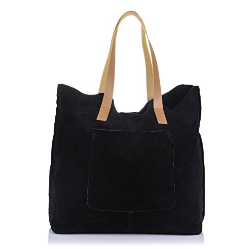 Firenze Artegiani Bolso Shopping Bag De Mujer Piel Auténtica, Acabado Gamuza Umhängetasche, 50 cm, Schwarz (Negro) von FIRENZE ARTEGIANI