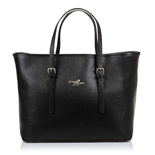 Firenze Artegiani Bolso Tote De Mujer Piel Auténtica, Acabado Saffiano Umhängetasche, 38 cm, Schwarz (Negro) von Firenze Artegiani