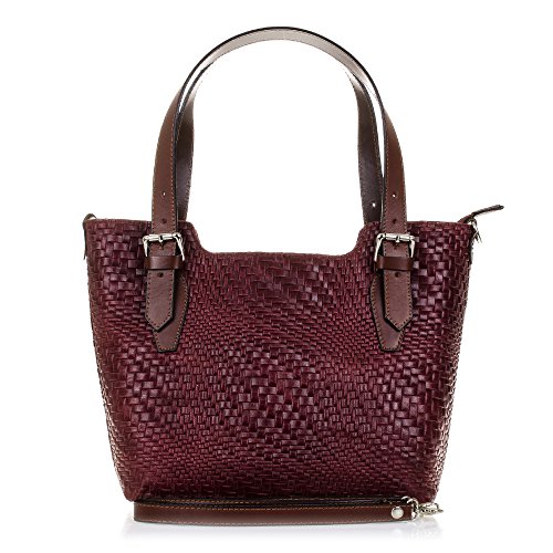 Firenze Artegiani Bolso Tote De Mujer Piel Auténtica, Grabado Trenzado Geométrico Lacado Umhängetasche, 37 cm, Rot (Granate Oscuro) von Firenze Artegiani