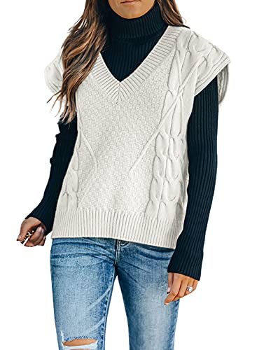 FIYOTE Damen Pullunder V-Ausschnitt Pullover ärmellos Einfarbig Strickpullover Elegante Strickweste A-beige L von FIYOTE