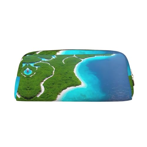 FInpan An Island in The Ocean Stiftebeutel aus echtem Leder mit Reißverschluss, Schreibwaren-Aufbewahrungstasche, Make-up-Tasche, geeignet für Studenten, Schule, Büro., gold, Einheitsgröße, von FInpan