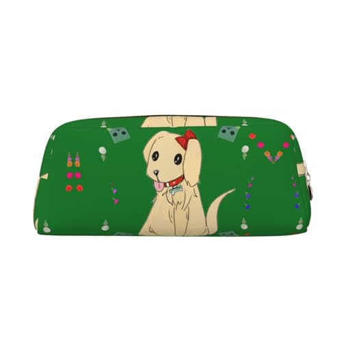 FInpan Federmäppchen mit Cartoon-Hund auf Gras, echtes Leder, Reißverschluss, Schreibwaren-Aufbewahrungstasche, Make-up-Tasche, geeignet für Studenten, Schule, Büro., gold, Einheitsgröße, Kulturbeutel von FInpan