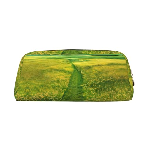 FInpan Grassland Paths Stifttasche aus echtem Leder mit Reißverschluss, Schreibwaren-Aufbewahrungstasche, Make-up-Tasche, geeignet für Studenten, Schule, Büro, gold, Einheitsgröße, Kulturbeutel von FInpan