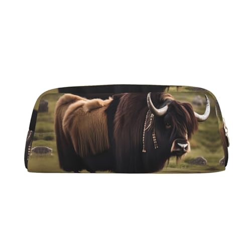 FInpan Mighty Highland Yak Stifttasche aus echtem Leder mit Reißverschluss, Schreibwaren-Aufbewahrungstasche, Make-up-Tasche, geeignet für Studenten, Schule, Büro, gold, Einheitsgröße, Kulturbeutel von FInpan