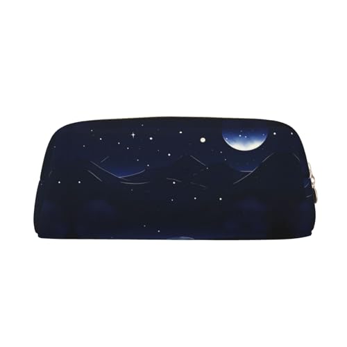 FInpan Serene Blue Night View Stifteetui aus echtem Leder mit Reißverschluss, Schreibwaren-Aufbewahrungstasche, Make-up-Tasche, geeignet für Studenten, Schule, Büro, gold, Einheitsgröße, Kulturbeutel von FInpan