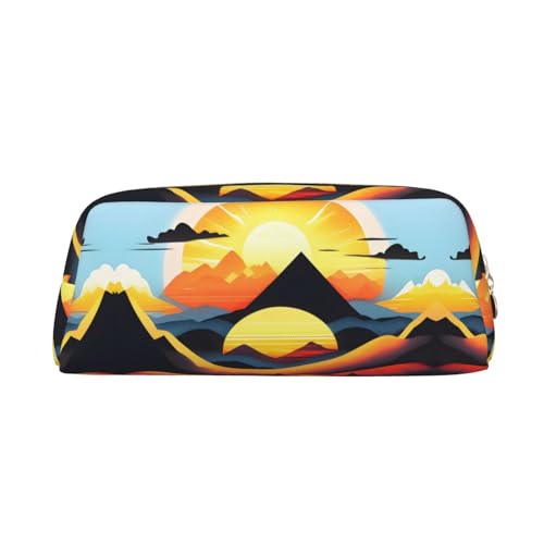 FInpan Sunrise Mountain Stifttasche aus echtem Leder mit Reißverschluss, Schreibwaren-Aufbewahrungstasche, Make-up-Tasche, geeignet für Studenten, Schule, Büro, gold, Einheitsgröße, Kulturbeutel von FInpan