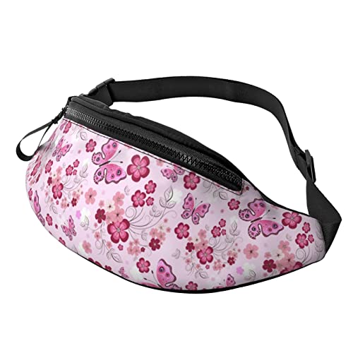 Rosa Schmetterlings- und Blumen-Taillentasche/Gürteltasche, Outdoor-Sport-Freizeit-Umhängetasche, Brusttaschen für Männer und Frauen von FJAUOQ