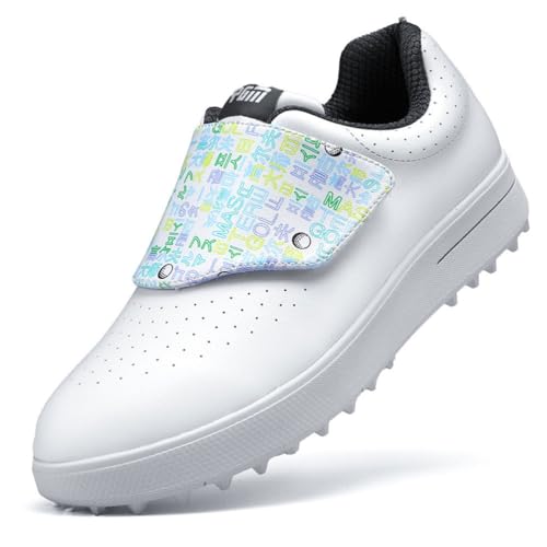 FJJLOVE Damen Golfschuhe rutschfeste Spikeless Walking Sneaker wasserdichte Golfer Turnschuhe Mit Klettverschlüssen,Weiß,32 EU von FJJLOVE