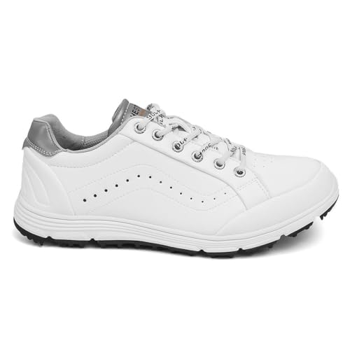 FJJLOVE Herren Golfschuhe Lässige Breite Golftrainer Wasserabweisende rutschfeste Outdoor-Wanderschuhe Aus Leder Für Männer Für Das Golftraining,Weiß,45 EU von FJJLOVE