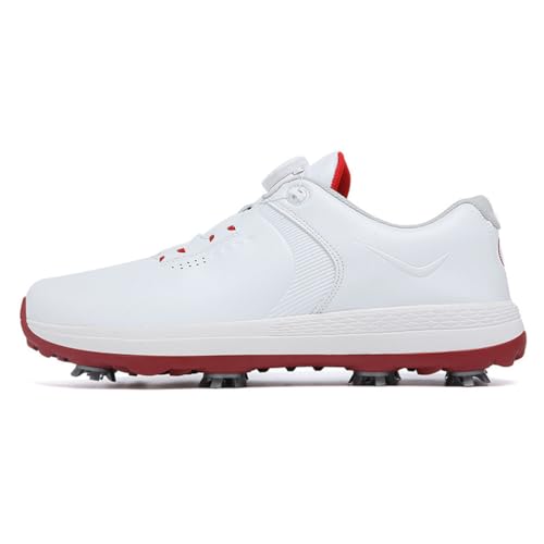 FJJLOVE Männer wasserdichte Golfschuhe Wasserabweisendes Leder Golf Walking Fitness Turnschuhe 8 Spikes Golfschuhe,Rot,42 EU von FJJLOVE