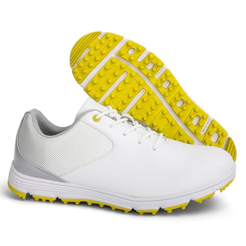 FJJLOVE wasserdichte Golfschuhe Für Männer Leder Golf Turnschuhe Stachellose Männliche Wanderschuhe Tägliche Freizeit Wanderschuhe,Gelb,47 EU von FJJLOVE