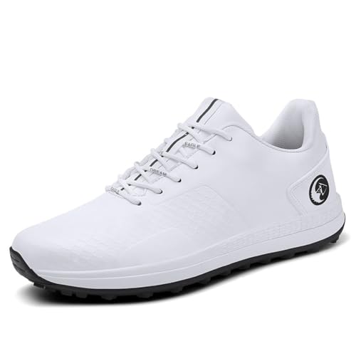 FJJLOVE wasserdichte Spikeless Golfschuhe, rutschfeste Spikeless Golf Sport Training Sneakers Leder Herren Golf Fitness Trainer,Weiß,45 EU von FJJLOVE