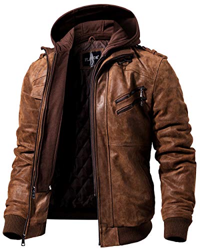 FLAVOR Herren braune Leder Motorradjacke mit Abnehmbarer Kapuze 4X Big braun von FLAVOR