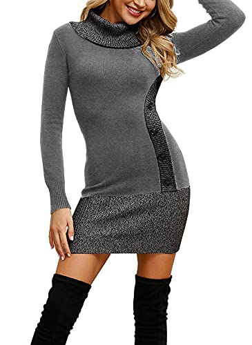 Fleasee Damen Elegant Pullover Kleid Rollkragen Jumper Kleid Sexy Partykleid Warme Wickelkleid Strickpullover für Winter Grau,Grau L von FLEASEE