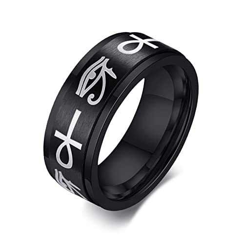 FLHEART Auge des Horus & Ankh Ring : Edelstahl Spinner Stil ägyptische Symbol Schlüssel des Lebens und Auge des Ra Ring Hochzeit Band für Männer, Schutz Amulett Schmuck Geschenk, Größe 67 (21.3) von FLHEART