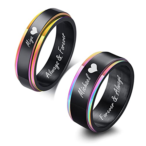 FLHEART Personalisierte Paar Ringe - Custom Gravur Edelstahl Regenbogen Belvedere Spinner Design Fidget Hochzeit Band Versprechen Verlobungsring für erren Damen Seine und ihre Paar Ring Satz von FLHEART