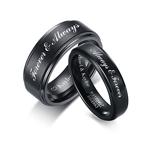 FLHEART Personalisierte Paare Ringe,Individuell Gravieren Name Schwarz Wolframcarbid Minimalist Band, Sein und Ihr Versprechen Verlobungsring Set für Herren Damen, Geschenke zum Valentinstag von FLHEART