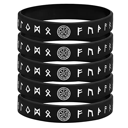 FLHEART Wikinger Schmuck Silikon Armbänder Herren : 5 Stück Schwarz Nordisches Wikinger Runen Armband Armreif für Männer Frauen, Wasserdichtes Gummiband Komfortable Passform, Wikinger Geschenke von FLHEART